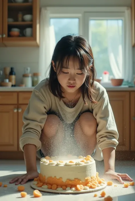  General plan of Ji-min in the kitchen ,  with the flour and ingredients flying through the air .  She is crouching down trying to save the cake that falls to the floor.
	 • Details :
	 • The ingredients are in the air ,  as if they were frozen at the time...