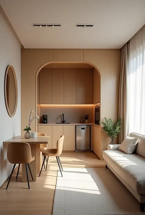 Create an interior view of a / kitnet studio style apartment with a kitchenette separated by a curved drywall wall