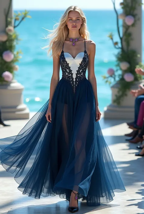 Fashion show by the sea with ocean theme decorations, blonde woman, dark blue eyes, very long blonde hair, wearing a dress with a white satin bodice lined with black tulle and a navy blue tulle skirt, pointed toe shoes and high heels, amethyst jewelry, cri...