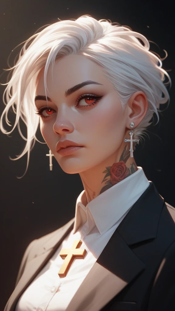  girl with white hair ,  neat facial features ,  red eyes,  Neck tattoos,  dressed in a classic black suit and a white shirt, silver earrings in the form of a cross 