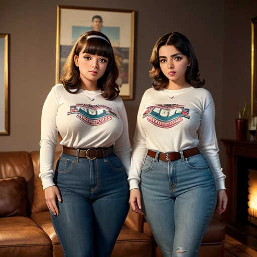 Vintage movie style, two petite cute shy innocent slightly chubby with monstously huge fat size breasts Mexican nerdy emo teen sisters, volumetric hair, beautiful detailed brown eyes, cutely detailed lips, super cute highly detailed eyes and face, round sh...