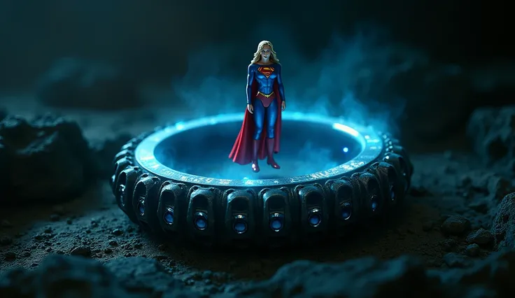  The image showing the predator bracelet showing a small hologram of Supergirl, Setting a dark environment  