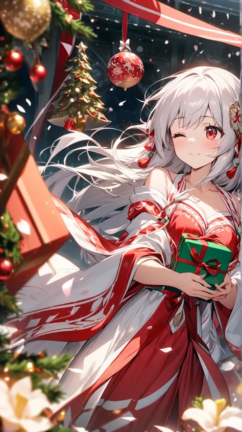 ( top quality, ),  beautiful women (Red eyes), elements. well-groomed face 、 Shy Expression 、 Silver Hair、 red eyes、smile(one eye closed、Looking up)、             Ultra Fine            ,  A Girl in a Glittering Shrine Maiden、 Surrounded by beautiful petals、...