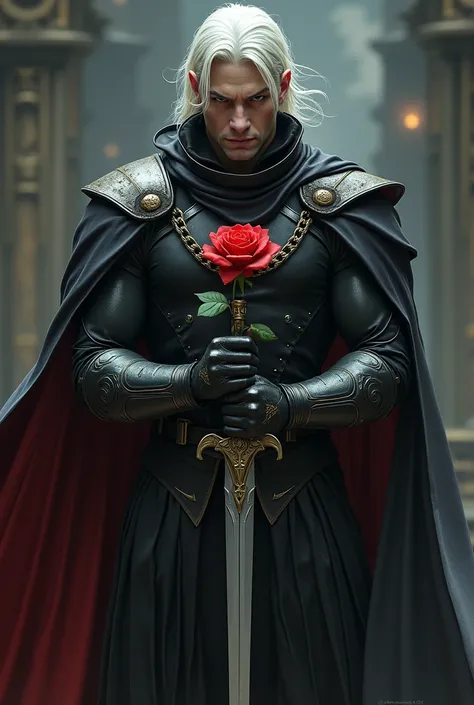 A big beautiful man with white skin holding a sword and a rose on his hand wearing black clothes with sharp features 