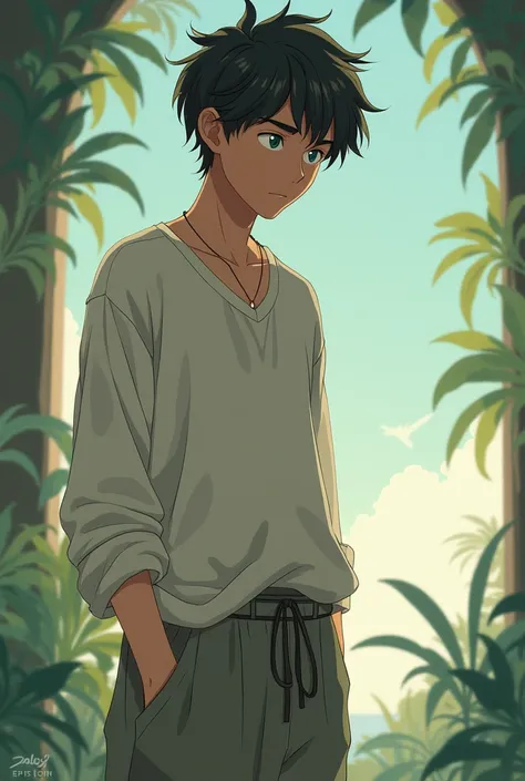  wearing loose clothes and looking tired, Male young man in his 20s with no energy ,  Ghibli style 