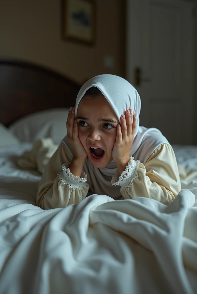  teen girl in hijab indonesian 14yo beautiful smooth skinned and white,on the dining table,wearing thin white lingerie ,  screaming and terrified while lying down ,sweaty wet face ,HD image,full body photo, full body photo angle ,high view,hyperrealism, re...