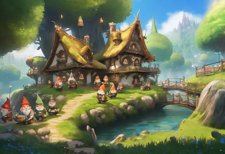 a painting of a group of gnomes sitting on a log in front of a house, a storybook illustration by Arthur Pan, pixiv, fantasy art, magical village, a bustling magical town, medeival fantasy town, fairytale painting, fairytale artwork, fantasy town, fantasy ...