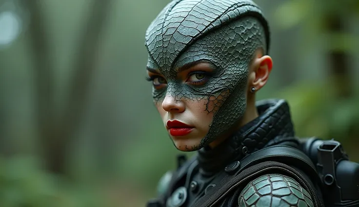 beautiful, bald woman with skin made entirely of crocodile texture, mysterious look, snake eyes and red lipstick, wearing combat gear, hdr, 16k. Created by Sasan