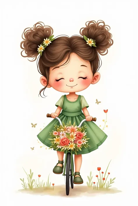 Create a minimalist ad, watercolor, Super cute, delicate and quirky, full ad, Rens book style image, with eyes closed, Blush cheeks, Focused on the face, curly hair with two buns on each side voluminous with lots of flowers on the hair. , she is on a bicyc...