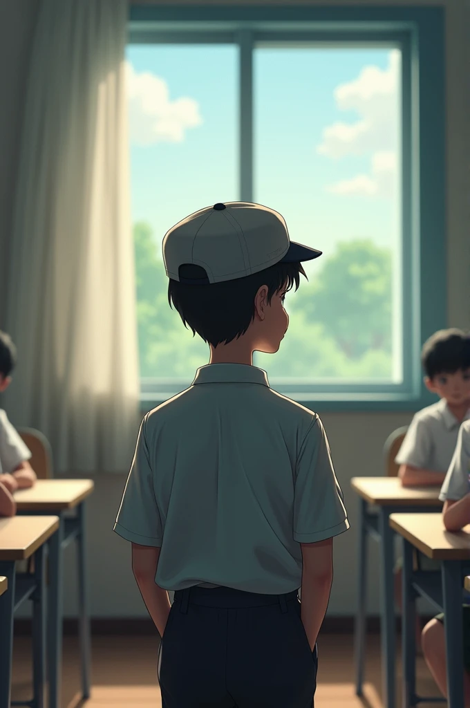 Make me a picture of a  boy with a simple handsome face wearing a hat and junior high school uniform standing in front of his class staring at the schoolyard 