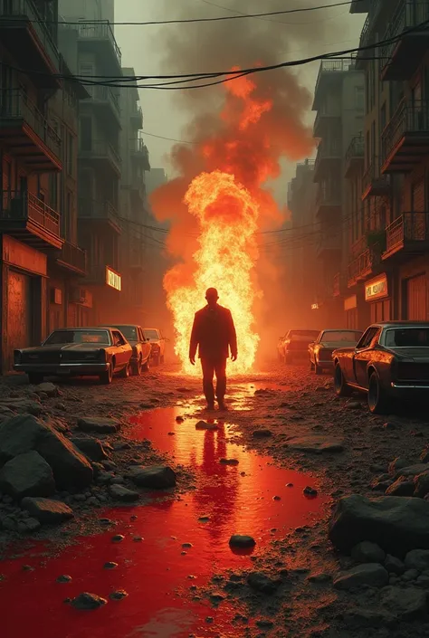 Rivers of blood coursing the streets of a 60s city with a man on fire in the center 