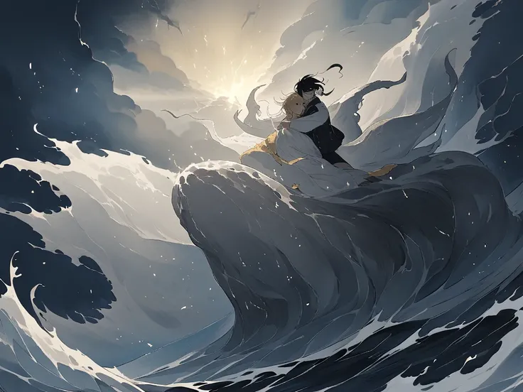 A huge Leviathan in the middle of the ocean with a golden-haired young man drifting on the sea with a dark-haired, white-haired young woman dimmed in an embrace amid a fierce storm.