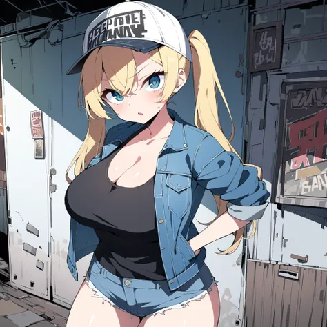 a pretty girl in slum town,denim jacket,tank top,hot pants,blonde twintail with cap,big breasts,sharp eyes