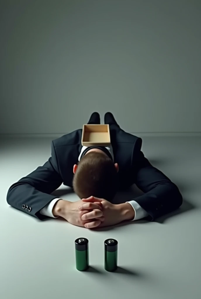  Design a high-quality image , Realistic of a businessman lying face down on the floor,  whose back has an empty battery box embedded in his body . And two batteries spilled around him in the foreground  