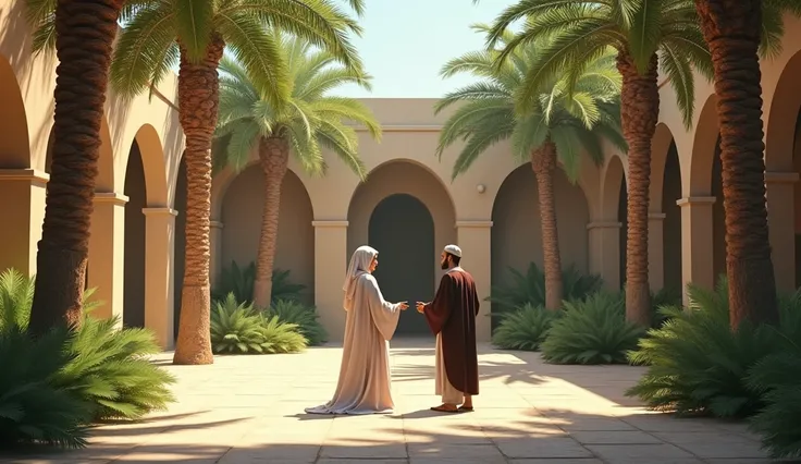 **Setting**: A serene courtyard surrounded by palm trees and stone walls.  
**Details**: Khadijah, in a modest hijab and flowing gown, speaks with Muhammad. Muhammad’s face is sensored, but his calm demeanor and respectful posture are evident.  