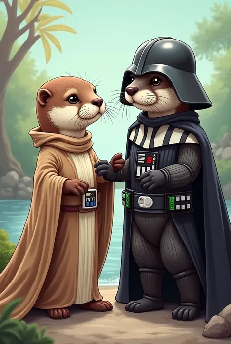 2 otters ,  one of them in the Padme costume and the other in the Darth Vader costume 