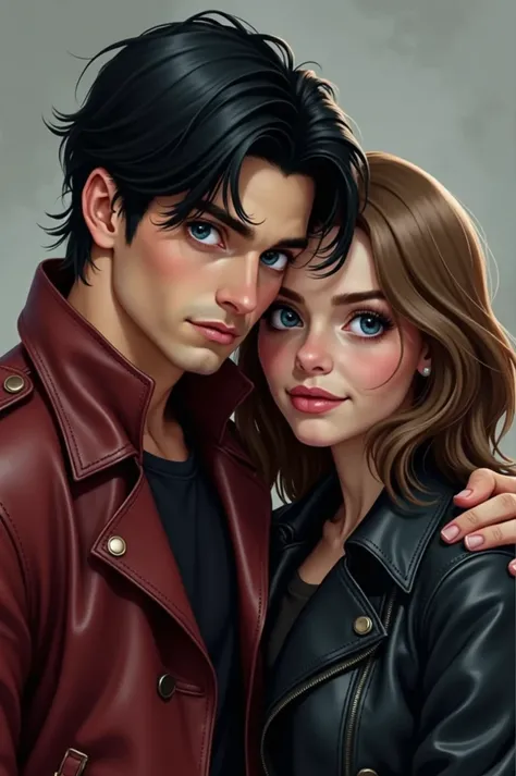 Jason Todd wearing a leather jacket. His hair is black, blue eyes. with his girlfriend Leah has light brown hair, hazel eyes. 