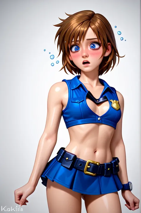  One girl ,  Kairi from Kingdom Hearts,  viewers,( slender body:1.5),(Blushed face:1.0),real skin ,small breasts,  shiny hair ,  Super Detailed Black Eyes,( Equipped Police Belt :1.2),( watch ),( shot from the front:1.2),24K,(Standing in a sexy pose:1.2),(...