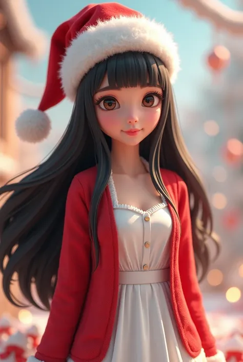 A woman long black hair wearing wearing a white dress with red cardigan on it and wearing a santa clause hat. a 3d illustration