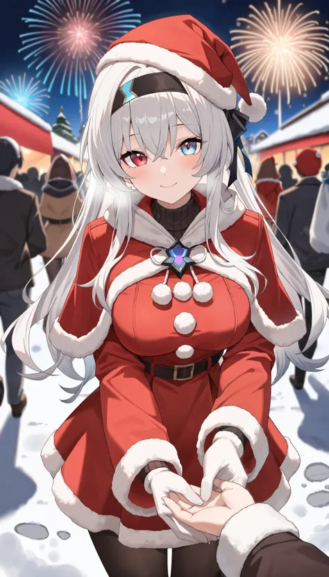 (best quality:1.3), (masterpiece:1.3), (ultra-detailed:1.3), absurdres, 1girl, solo, heterochromia, red_eye, blue_eye, black_headband, white_hair, bangs, winter_clothes, red_coat, long_sleeves, santa_costume, capelet, large_breasts, tall, standing, long_ha...