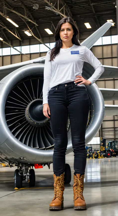 A realistic full-body photograph of a young, fair-skinned woman with black hair standing confidently in front of a massive airplane engine inside a spacious aircraft maintenance hangar. The engine is the central focus of the composition, dominating the for...