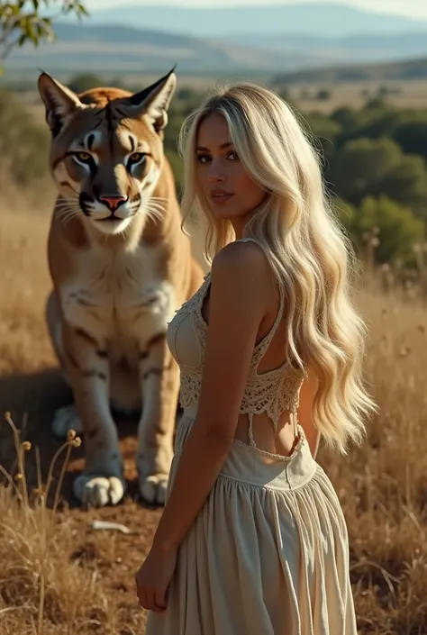 Create an image of a woman with long, blonde hair and lush curves in front of a majestic puma with shiny fur and large paws. The setting should be in a vast, clear forest, in the background you can see the plains. 