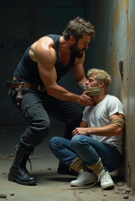 A nordic man dressing black combat boots, cargo pants and black singlet has tied up a blond man dressing white sneakers, jeans and white t-shirt from his legs and hands with rope and taped his mouth and put him sitting to a cornerin a abandoned factory. 