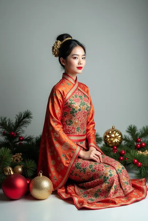 An Asian woman in a traditional Thai with Christmas Objects on a White and Gray Surface