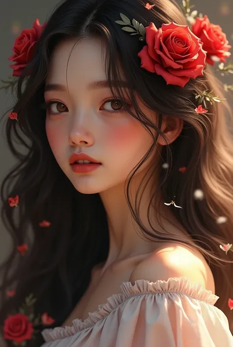 A girl with long dark brown hair,  brown-eyed ,  wears roses , in one piece style 