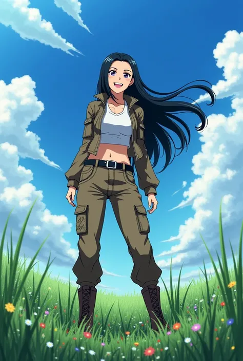 Screenshot of bleach  (anime) 
Girl with long black hair,  slightly brown skin with purple eyes and that looks full bodied and smiling in a field. And he wears hunters clothing 