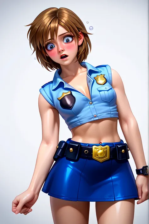  One girl ,  Kairi from Kingdom Hearts,  viewers,( slender body:1.2),(Blushed face:1.0),real skin ,small breasts,  shiny hair ,  Super Detailed Black Eyes,( Equipped Police Belt :1.5),( watch ),( shot from the front:1.2),24K,(Standing in a sexy pose:1.2),(...