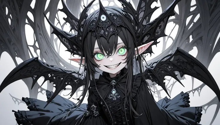 masterpiece,insanely detailed, absurdres, 16K, elf, pointy ears,a girls,luminous eyes,withcrazy eyes, evil smiling,grinning,flat chest,flat chest,white background,gothic lolita, gothic atmosphere