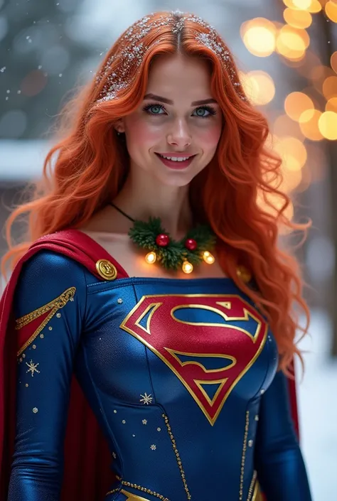 "Create a festive and enchanting full-body portrait of a stunning young woman dressed as a superhero, inspired by Supergirl, with a glowing red S emblem on her chest. She has long, wavy red hair that shines with a fiery vibrance, adorned with subtle sparkl...