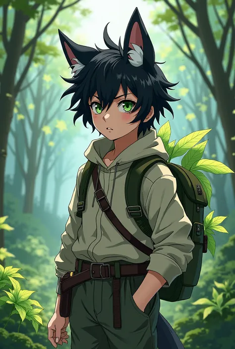  Make a black-haired anime boy in travelers clothing , green eyes and plant powers .  I also want him to have wolf ears that are also black