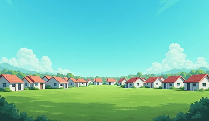  A vast field covered with perfectly cut grass under a bright blue sky.  Identical houses with red roofs and white walls are scattered across the landscape . Although it seems idyllic ,  the windows of the houses are dark and opaque 