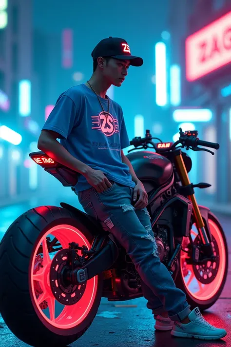 Korean man wearing a baseball cap that says ZS, cool distro t-shirt that says ORANG SEBANG in bright blue, short jeans, sneakers, leaning on a modified monster-style sports motorbike, with a blue light effect on the cybernetic background of the city, add n...