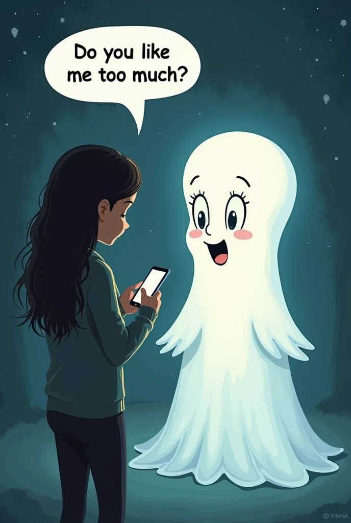 A woman writes text messages to a ghost who looks like Casper  ,  the ghost will also have a phone in her hands and a comic bubble will come out of the ghosts mouth and say do you like me too much Margaud 