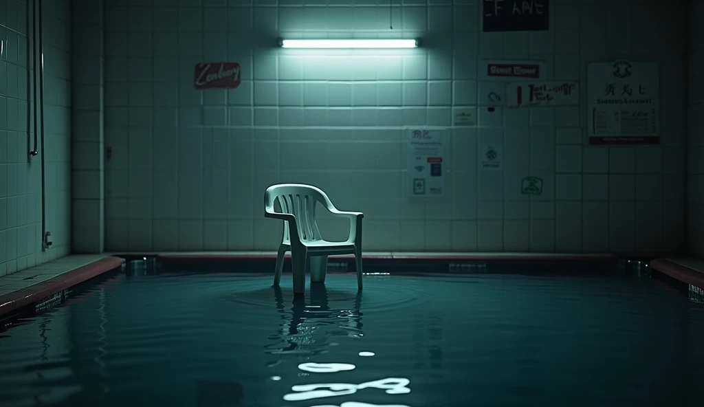  A dark liminal space inspired by Poolrooms ,  with shiny white tiles partially submerged in water .  The lighting is dim and comes from a weak source ,  like a flashlight or distant light ,  leaving much of the environment in shadows .  Water reflects fla...