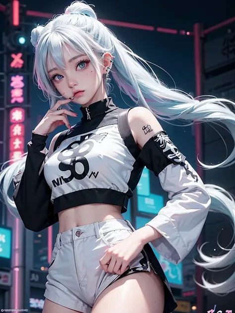 2 s,  neon white hair ,  moonlight eyes ,  sleeve tattoos and piercings  (( anime style )),  Harajuku-inspired hip-hop clothing, soft colors,  background with neon ink splashes , Soft stroke , Scene in Tokyo night, 4K, Hologram clothes,  high resolution, C...