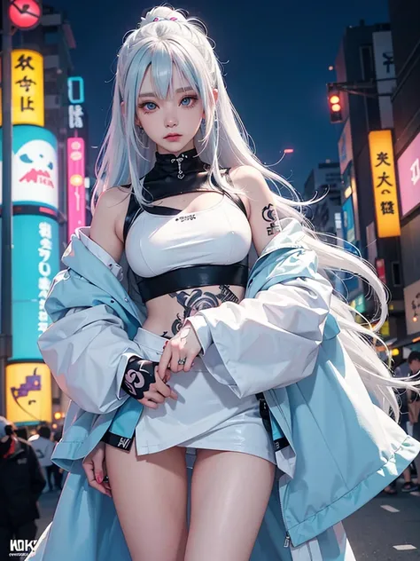 2 s,  neon white hair ,  moonlight eyes ,  sleeve tattoos and piercings  (( anime style )),  Harajuku-inspired hip-hop clothing, soft colors,  background with neon ink splashes , Soft stroke , Scene in Tokyo night, 4K, Hologram clothes,  high resolution, C...