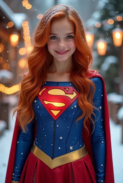 “Create a festive and charming full-length portrait of a stunning girl dressed as a superheroine inspired by Supergirl, with a glowing red “S” emblem on her chest. She has long, wavy red hair that shimmers with firelight, adorned with subtle sparkling deta...