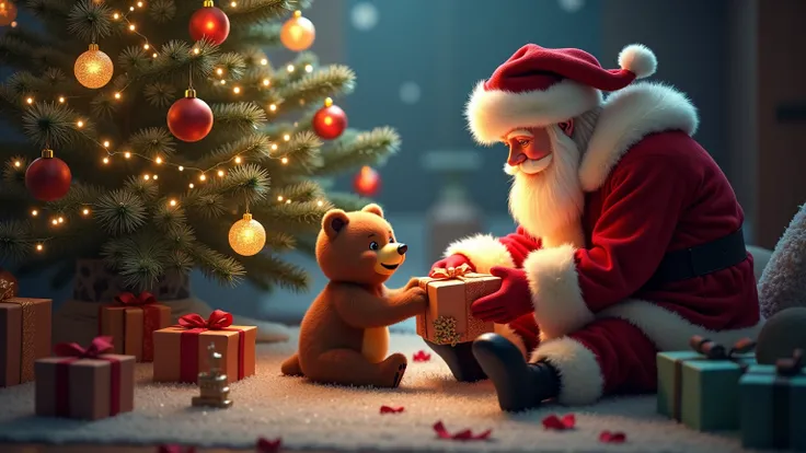  Santa Claus in a red fur coat puts a gift under the tree,  next to which a little bear is sitting . The atmosphere of magic and waiting for a miracle . bright colors, sparkling decorations."