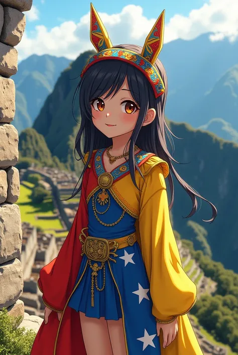 Anime girl in Venezuelan flag costume, In the Machupichu  
