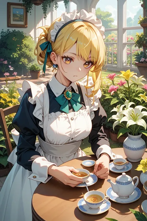 girl, yellow hair, golden eye ,  White Toxedo clothing , Lily flower brooch ,  unstressed , detail,  flower garden ,  tea table and tea utensils set, tea drinking , maid.