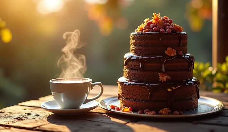 a beautiful dark tower cake, delicate intricate detailed cake, sitting next to a warm inviting cup of coffee, steaming coffee, on a wooden table, sunny day, bright vivid colors, high quality, complex, maximum detail, masterpiece, 8k, shining, detailed ligh...