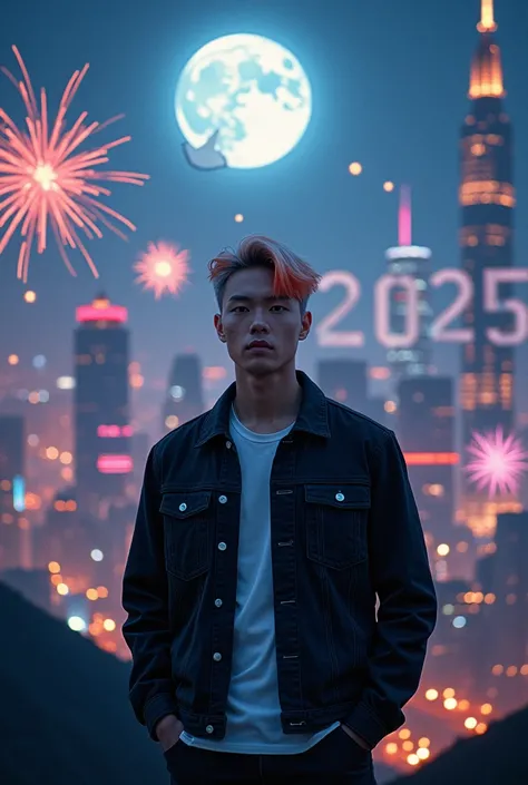 Seorang pria korea tampan rambut undercut warna orange dan putih mengenakan jaket Jeans hitam kaos putih,front face, standing on the edge of the valley at night there are metropolitan tall buildings,Bulan dan letusan kembang api warna-warni, In front of th...