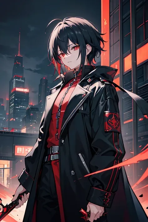 (( top quality )), ((masterpiece)), ( Details),　He wears a red and black metal blade on his back　Male young 　Black hair with one eye hidden 　 futuristic industrial anime clothing 　 slightly larger black long coat 　Black and Red　 red eyes　Deploying a blue m...