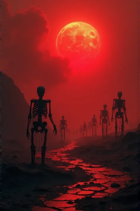 A barren landscape illuminated by a blood-red sky. From cracks in the ground, skeletal hands and zombie-like figures emerge, surrounded by dark, swirling mist. The asteroid hovers ominously in the distance, glowing with an unnatural light.