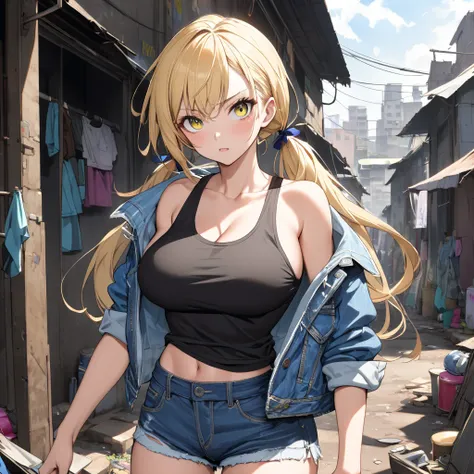 a pretty girl in slum town,denim jacket,tank top,hot pants,blonde low long twintail with a cap,big breasts,sharp eyes