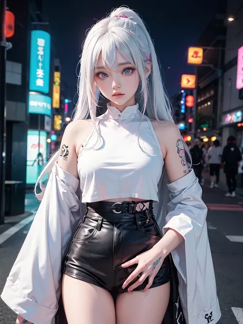 2 s,  neon white hair ,  moonlight eyes ,  sleeve tattoos and piercings  (( anime style )),  Harajuku-inspired hip-hop clothing, soft colors,  background with neon ink splashes , Soft stroke , Scene in Tokyo night, 4K, Hologram clothes,  high resolution, C...